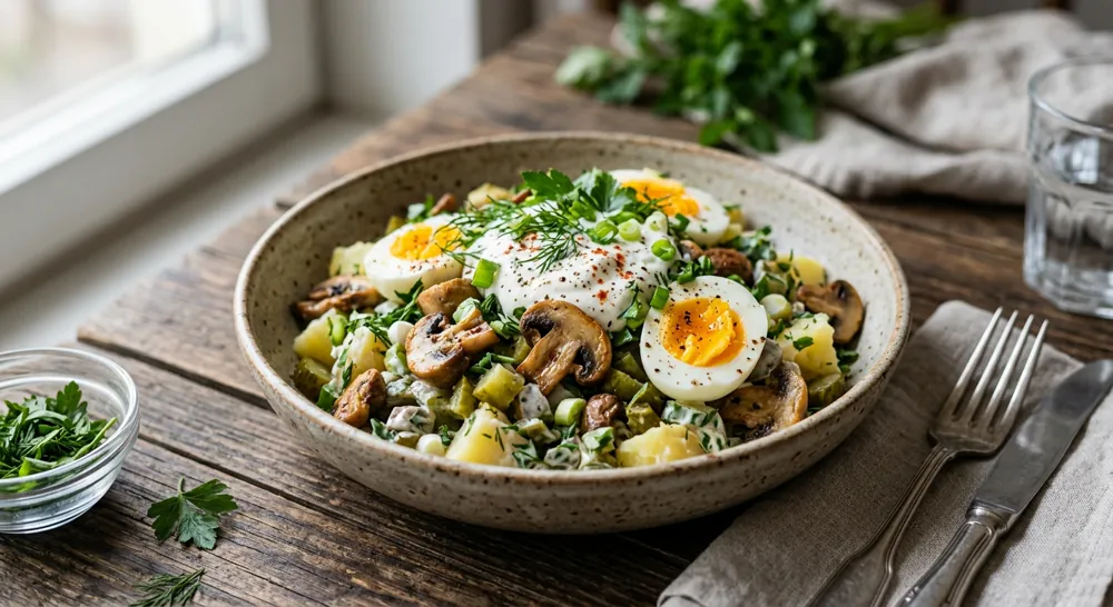 Салат с грибами, картофелем и яйцом