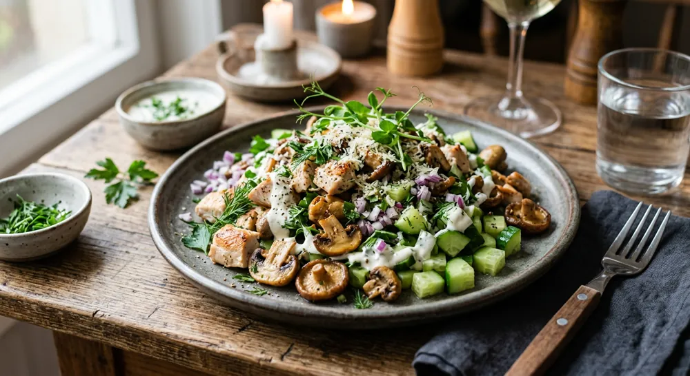 Трендовый салат с курицей и грибами